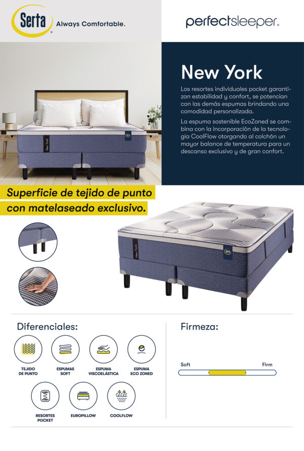 Colchon Serta New York Super King 200x200 de Resortes Pocket con Pillow Inteligente de Espuma Viscoelástica - Imagen 3